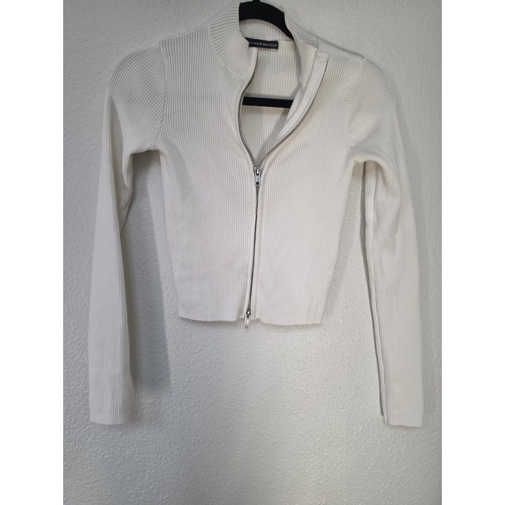 Brandy Melville White Ribbed Zip-Up Sweater Long Sleeve Collared Pullover Top